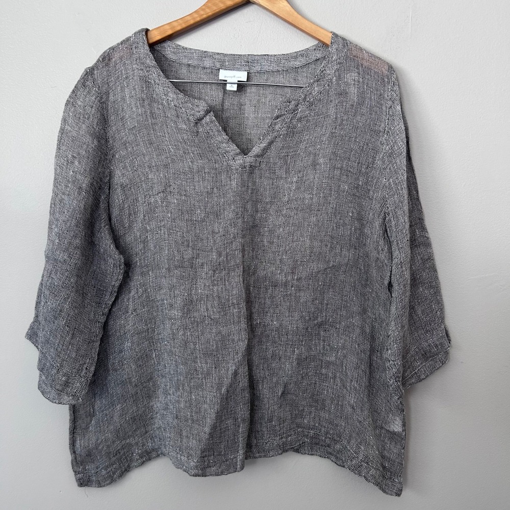 Pure Jill Linen Top Womens XL Petite Gray Split Neck 3/4 Sleeve Relaxed Tunic